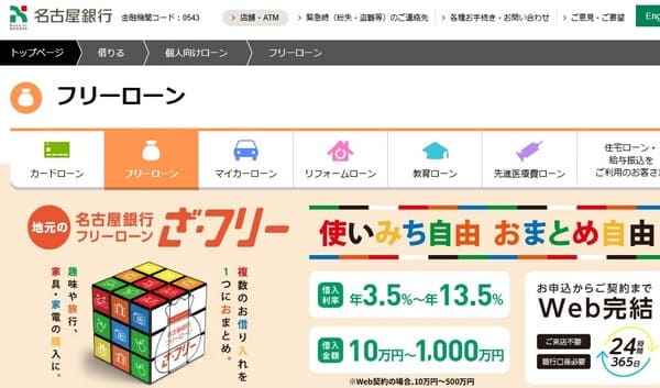名古屋銀行のフリーローン